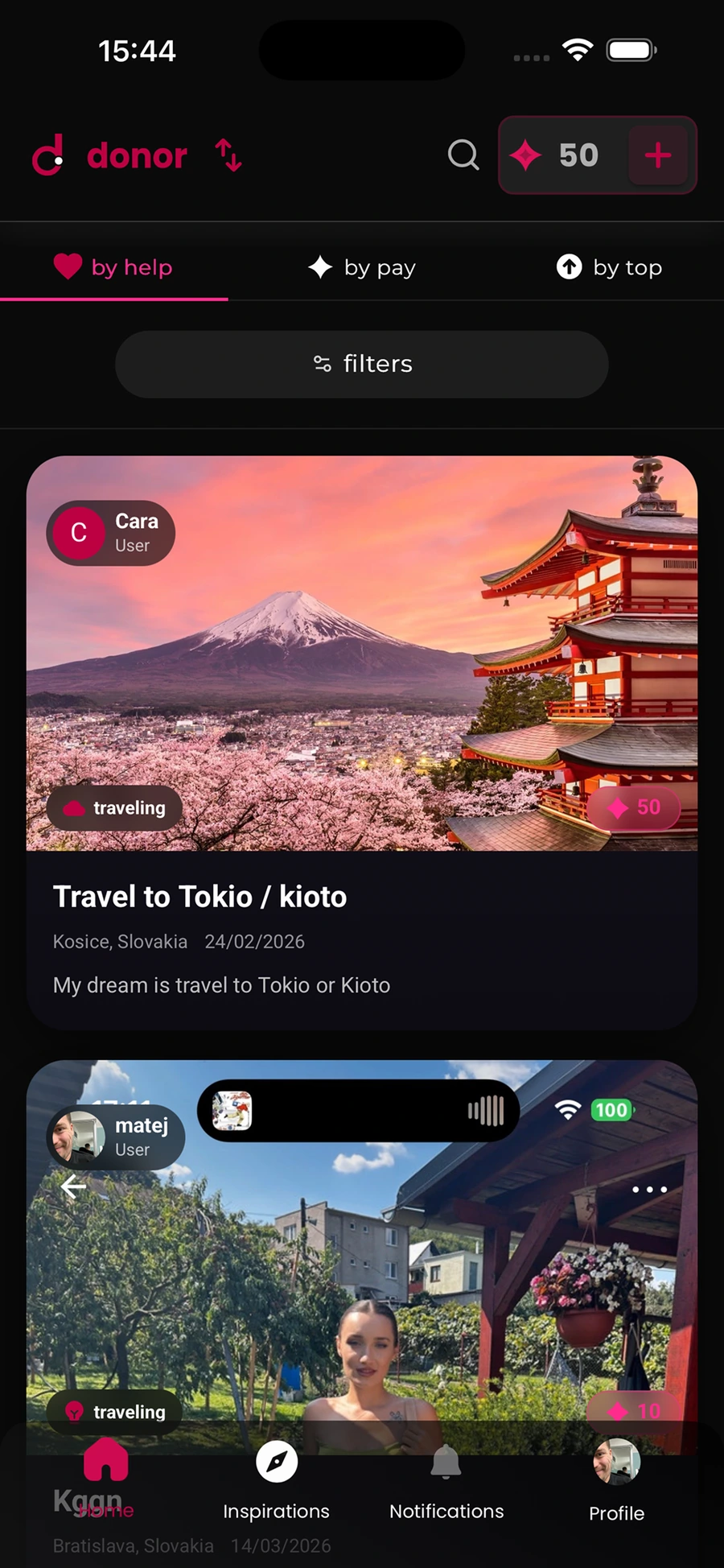 Hlavný feed reálnej aplikácie dreamhubb