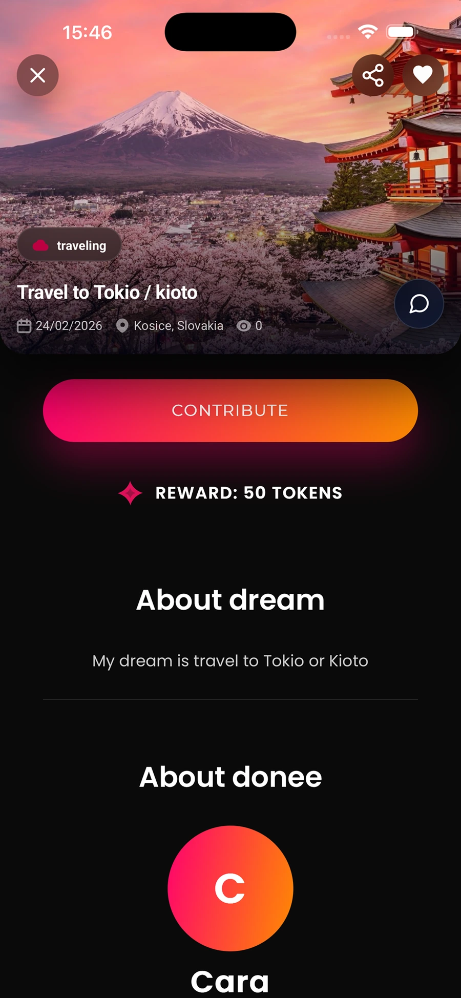 Detail príspevku v reálnej aplikácii dreamhubb